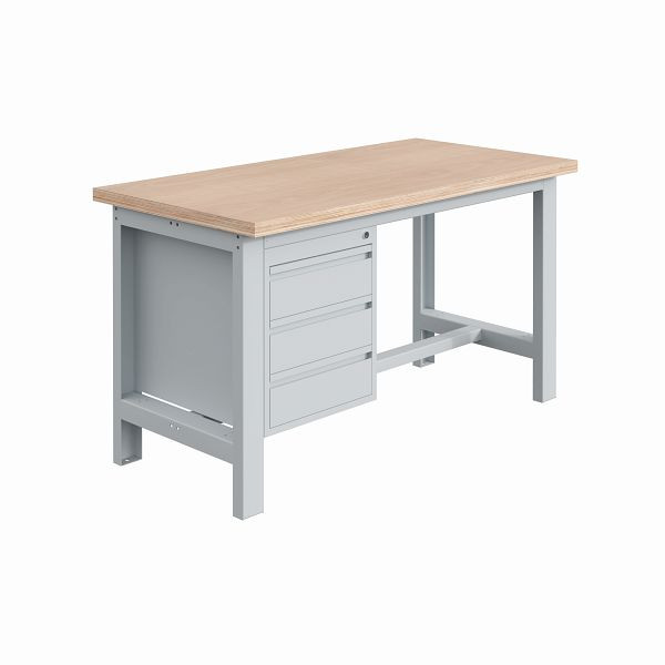 SOFAME SI Werkbank, B 1800 x T 750 x H 840mm, Multiplex-Arbeitsplatte 40 mm mit Unterbau 3 Schubladen H150mm, Lichtgrau RAL 7035, W010010697GC