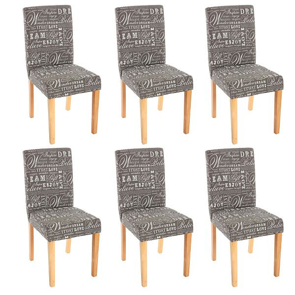 Mendler 6er-Set Esszimmerstuhl Stuhl Küchenstuhl Littau, Textil mit Schriftzug, grau, helle Beine, 33703+33689