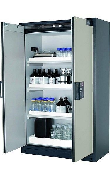 asecos Sicherheitsschrank Q-CLASSIC-90, Q90.195.120 in lichtgrau RAL 7035 mit 3x Wannenboden Standard (Polypropylen), 30001-041-30013