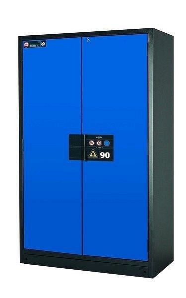 asecos Sicherheitsschrank Q-PEGASUS-90, Q90.195.120.WDAC in enzianblau RAL 5010 mit 4x Auszugswanne Standard (Edelstahl), 30002-047-30018