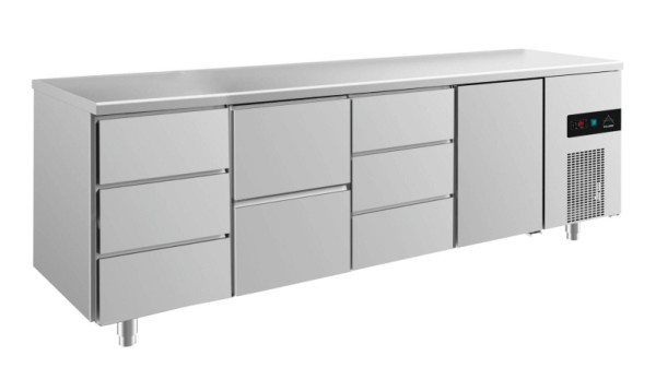 A&S Polarny Kühltisch -2 bis +8°C mit 1x Tür rechts, 1x zwei Schubladen mittig-links und 2x drei Schubladen, 2330 x 700 x 850 mm, KT4DZDT