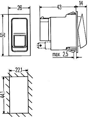 HELLA Schalter - Tastbetätigung/Wippbetätigung - Ausstattungsvar.: II+->I-0 - Anschlussanzahl: 6 - geclipst, 6RH 007 832-411