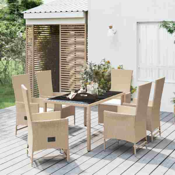 vidaXL 7-tlg. Garten-Essgruppe mit Kissen Beige Poly Rattan, 3157572