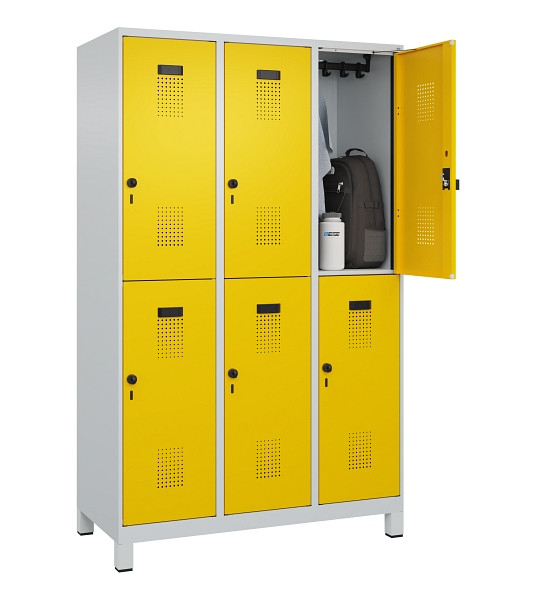 C+P Doppelstöckiger Spind Evolo PLUS, mit Füßen, 6 Fächer, 1950x1200x500mm, 703, Frontfarbe RAL 1023 Verkehrsgelb, Drehriegel, 049310-32 S10001