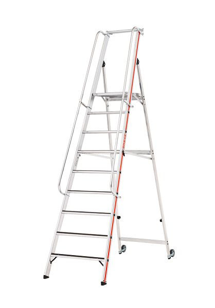 HYMER Plattformleiter R13 mit Kipprollen und langem Handlauf, 9 Stufen, Standhöhe 2,10 m, 868109