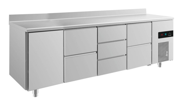 A&S Polarny Kühltisch -2 bis +8°C mit Tür links, 2x zwei Schubladen und drei Schubladen mittig-rechts, 2330 x 700 x 850 mm, mit Aufkantung, KT4TZDZA