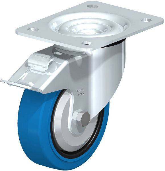 Blickle LK-POEV 125K-3-FI-SB-FA Stahlblech-Lenkrolle, schwere Ausführung, mit Anschraubplatte & Feststeller, Elastik-Vollgummi, Blau, 750345