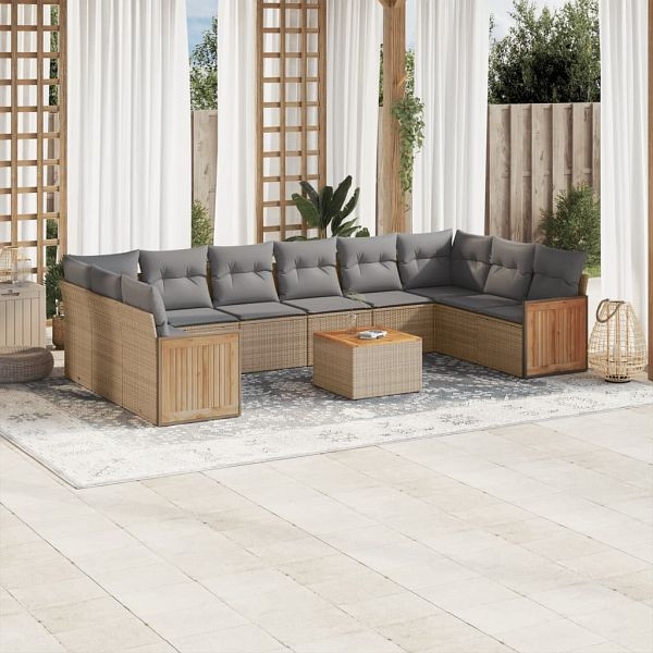 vidaXL 11-teilig Garten-Sofagarnitur mit Kissen Beige Poly Rattan, 3260414