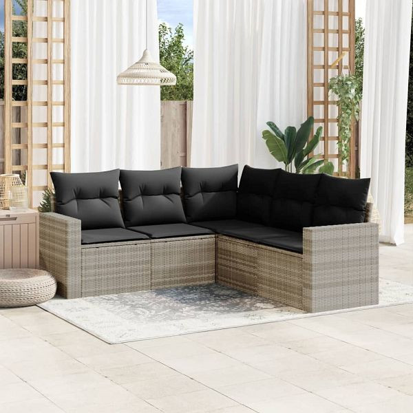 vidaXL 5-teilig Garten-Sofagarnitur mit Kissen Hellgrau Poly Rattan, 3218942