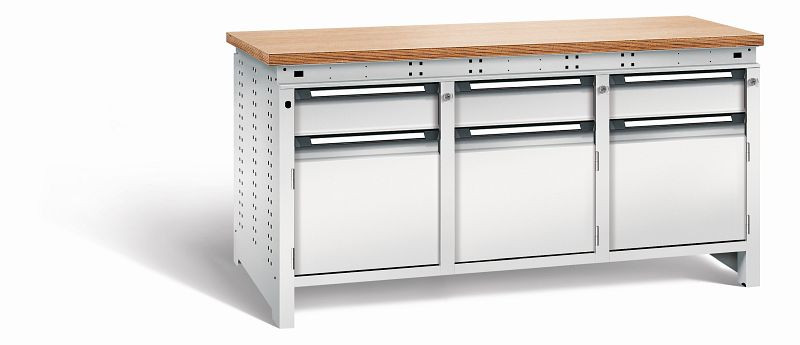 Otto Kind Werkbank Serie function Typ 309, Multiplexplatte 40 mm, bündig, 2x Unterbau + mittleres Feld, komplett RAL 7035, 072364117
