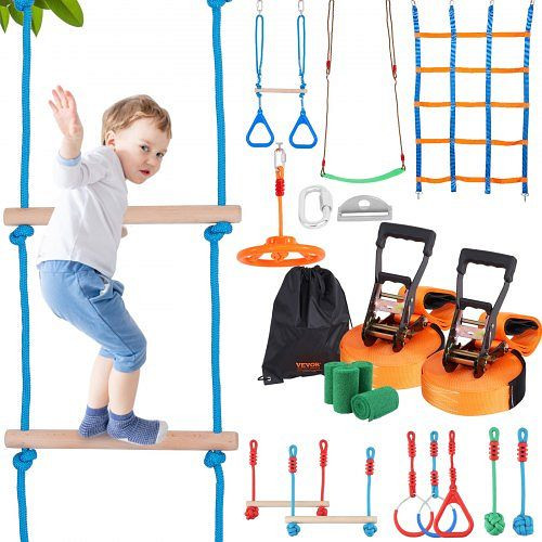 VEVOR Ninja Slackline Hindernisse Set 2 x 15,24 m Slacklines, 226,8 kg Tragkraft mit 12 Hindernissen, RZX502YC10J052R10V0