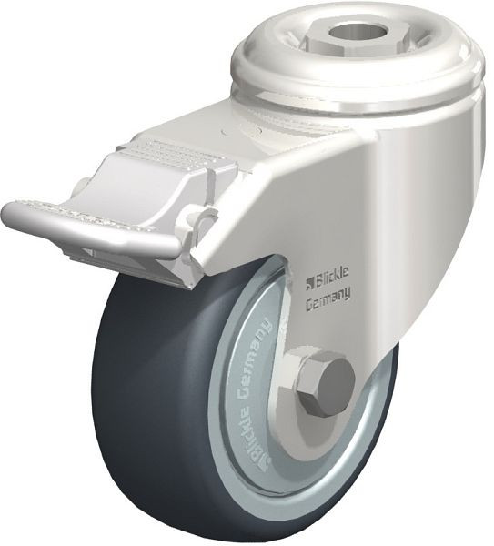 Blickle LKRXA-TPA 80KD-FI-FK Edelstahl-Apparate-Lenkrolle mit Rückenloch & Feststeller, Thermoplastisches Gummi-Elastomer, Grau, 574335