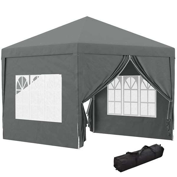 Outsunny 3 x 3 m Pavillon mit 4 Seitenwänden, Fenster, Festzelt mit UV-Schutz, Gartenzelt inkl. Tragetasche, Stahl, Grau, 84C-430V00GY