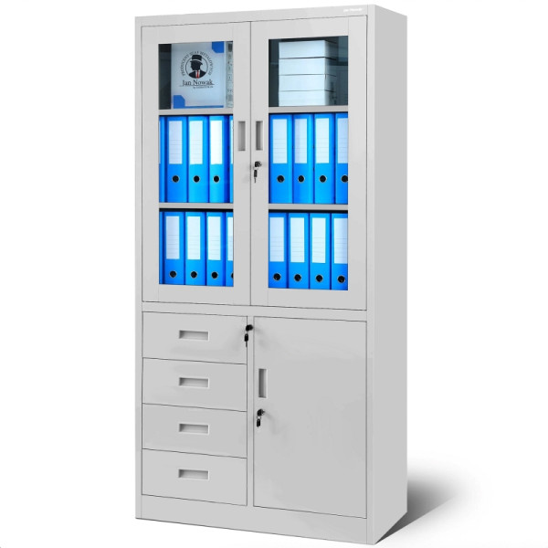 Jan Nowak Büroschrank mit Glastüren und Schubladen WIOLA, 900 x 1850 x 400 mm, Grau, 1834