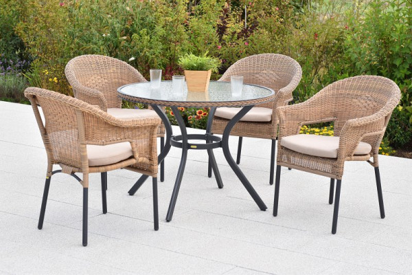 Merxx Ravenna Set 9-teilig, 4 Stapelsessel, 4 Sitzkissen, beige, 1 Tisch Ø 100 cm, matte Glasplatte mit Geflechtrand, Graphit/Natur, 50936-311