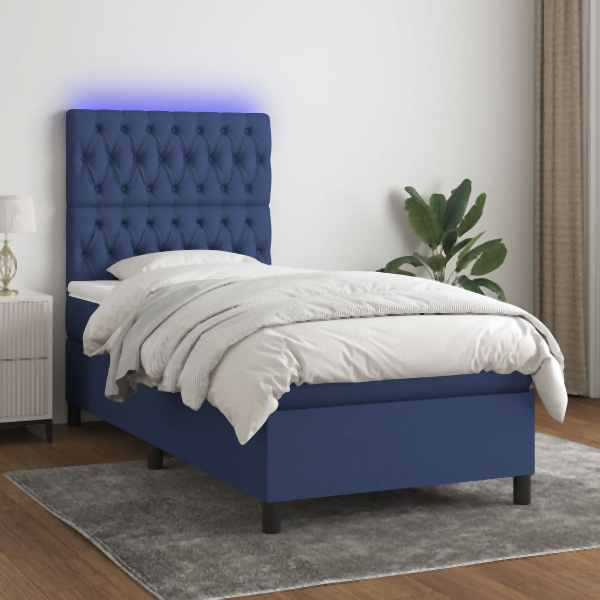 vidaXL Boxspringbett mit Matratze & LED Blau 90x200 cm Stoff, 3135091