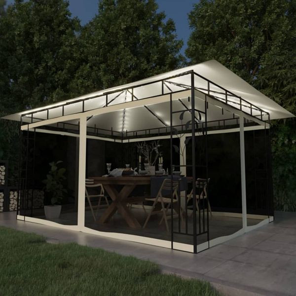 vidaXL Pavillon mit Moskitonetz & LED-Lichterkette 4x3x2,73m Cremeweiß, 3070315