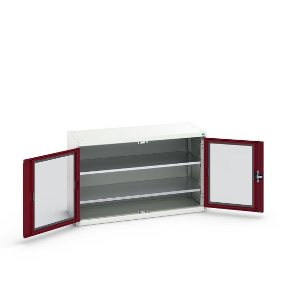 bott verso Flügeltürschrank mit Sichtfenster, mit 2 Fachböden, BxTxH: 1300 x 550 x 800 mm, Lichtgrau / Purpurrot, 16926660.24