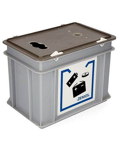 DENIOS Altbatterie-Sammelbox, Kunststoff, für Batterien und Knopfzellen, 20 Liter Volumen, mit Aufkleber, 294793