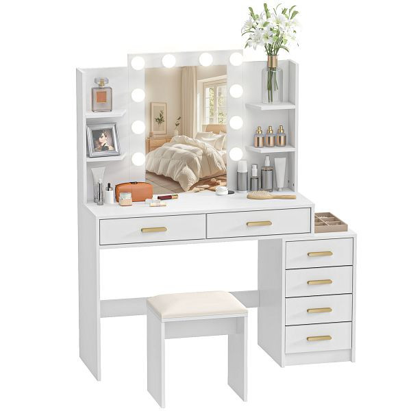 HOMCOM Schminktisch mit beleuchtetem Spiegel und gepolstertem Hocker, Schminkset mit 6 Schubladen und Ablagen, Weiß, 83D-133V90WT