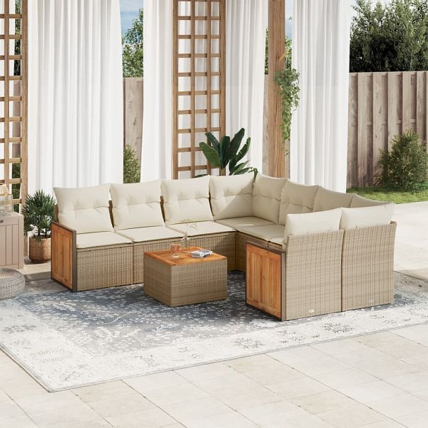 vidaXL 9-teilig Garten-Sofagarnitur mit Kissen Beige Poly Rattan, 3259909