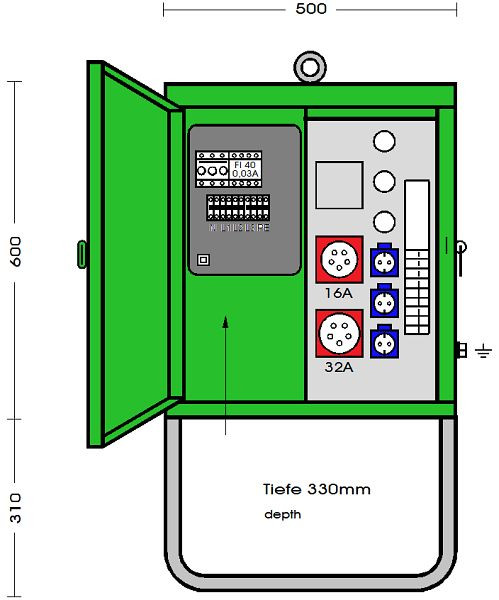 Elektra Tailfingen Verteilerschrank 28 kVA mit RCD Typ B, 2 CEE-Abgänge 16-32A und 3 Schutzkontakt-Steckdosen, V 40N/A/311-1, 183210