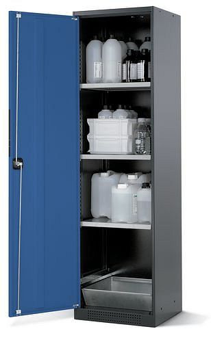 asecos Chemikalienschrank Systema CS-53L, Korpus anthrazit, blau, 3 Einlegeböden und Bodenwanne, 202569