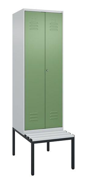 C+P Umkleidespind Classic PLUS, Doppel-Spind, 2 Abteile, 2120x600x815mm, 7035/6011, Zylinderschloss, mit untergebauter Sitzbank, 0800527-20P S10021