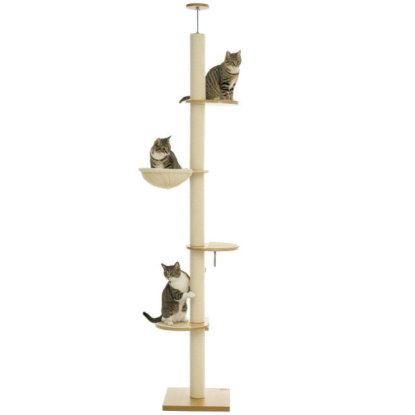 PawHut Deckenhoher Kratzbaum, Anti-Kipp-Sicherung, Sisal-Seilpfosten, Holzwerkstoff, Eiche+Cremeweiß, D30-660V00CW