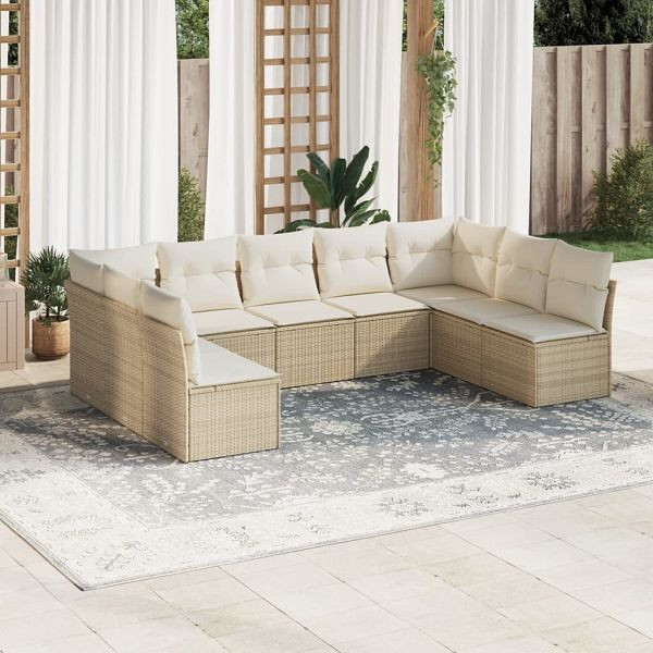 vidaXL 9-tlg. Garten-Sofagarnitur mit Kissen Beige Poly Rattan, 3249907
