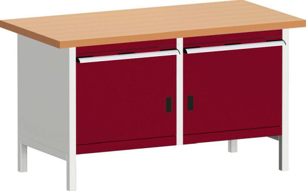 bott cubio Kastenwerkbank mit 2 Schubladen 2 Türen, Rotbuche-Arbeitsplatte BxTxH: 1500 x 750 x 840 mm, RAL 7035/3004, 41002029.24V