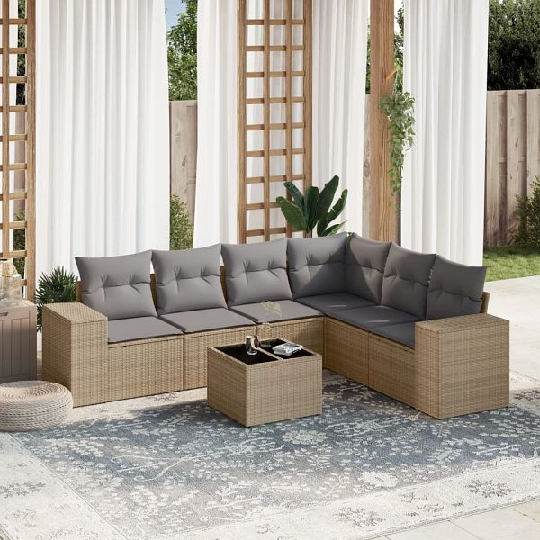 vidaXL 7-tlg. Garten-Sofagarnitur mit Kissen Beige Poly Rattan, 3222618