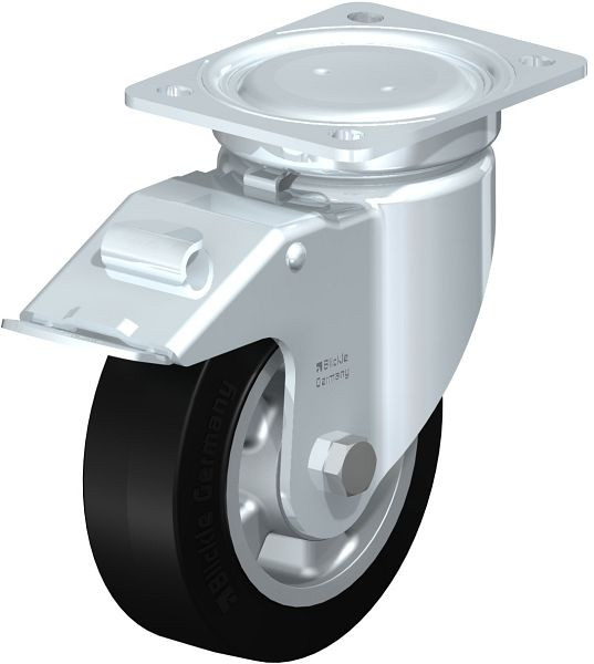 Blickle LU-ALEV 150K-FI Stahlblech-Lenkrolle, schwere, geschlossene Ausführung, mit Anschraubplatte & Feststeller, Elastik-Vollgummi, Schwarz, 759155