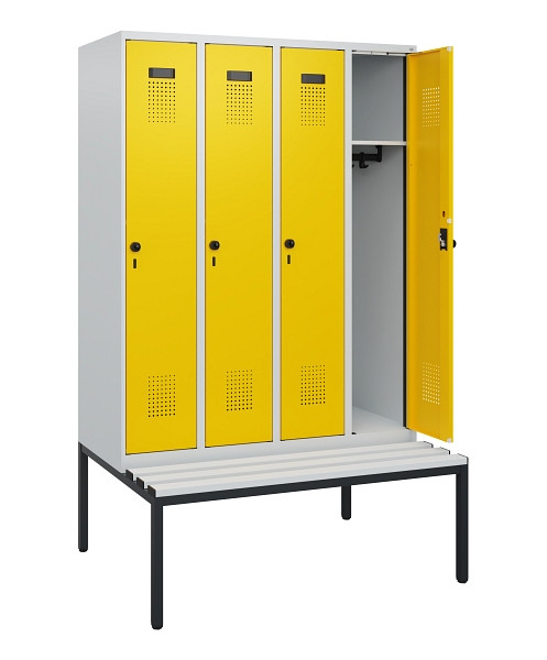C+P Spind Evolo PLUS, 4 Abteile, 1950x1200x815mm, 7035/1023, Drehriegel, Sitzfläche Kunststoff, Sitzbank, 0490505-40 S10055