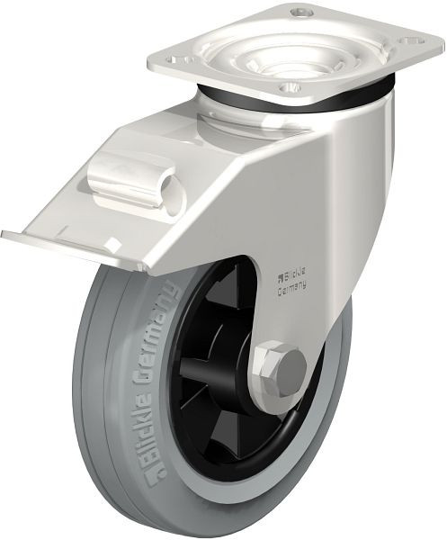Blickle LEX-VPP 150XR-1-FI-SG Edelstahl-Lenkrolle mit Anschraubplatte & Feststeller, Vollgummi, Grau, 623058