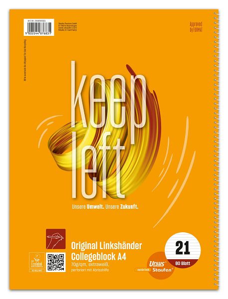 Ursus Style Collegeblock LIN21 für Linkshänder, A4, 80 Blatt, 70g/m², liniert, 044050021