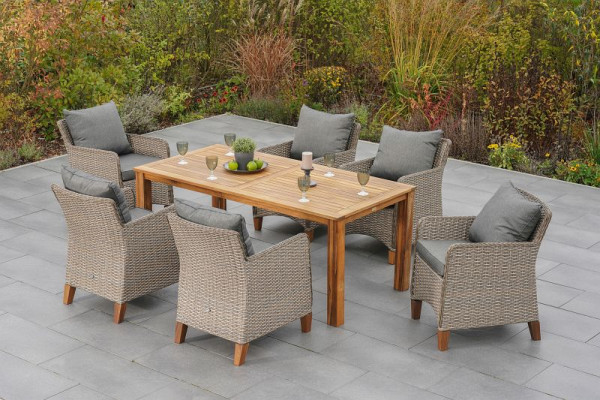 Merxx Avellino Set 7-teilig, 6 Avellino Sessel inkl. Sitzkissen, 1 Tisch 185 x 90 cm, FSC Akazienholz, Aluminium mit Kunststoffgeflecht, 50747-255