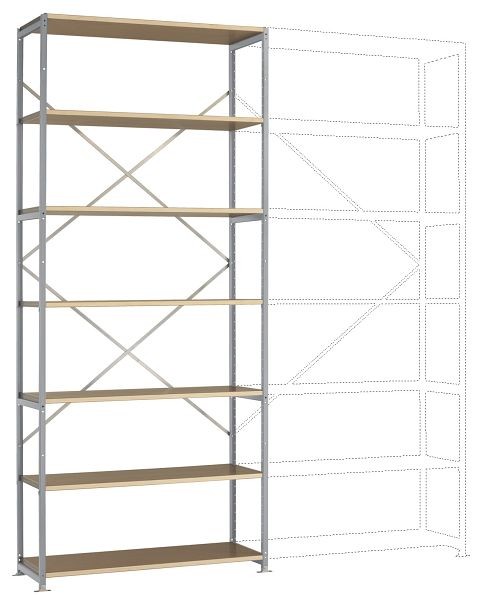 Manuflex Breitfach-Steckregal Grundregal mit 7 Holzverbundböden, HxBxT = 3000 x 1280 x 700 mm, alusilber, RP1636.9006