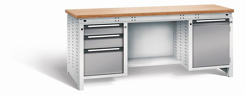 Otto Kind Werkbank Serie function Typ 304, Multiplexplatte 40 mm, bündig, 2x Unterbau + mittleres Feld, Gehäuse RAL 7035, Front RAL 7037, 072359167