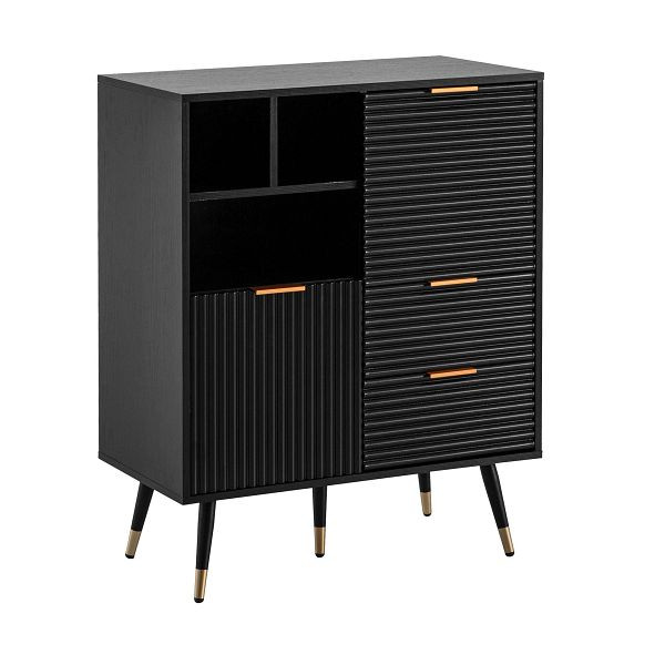 Wohnling Sideboard 77x97x40cm Anrichte Schwarz mit Eiche-Dekor, Kommode mit Türen und Schubladen, Kommodenschrank Flurschrank mit Regal, WL6.884