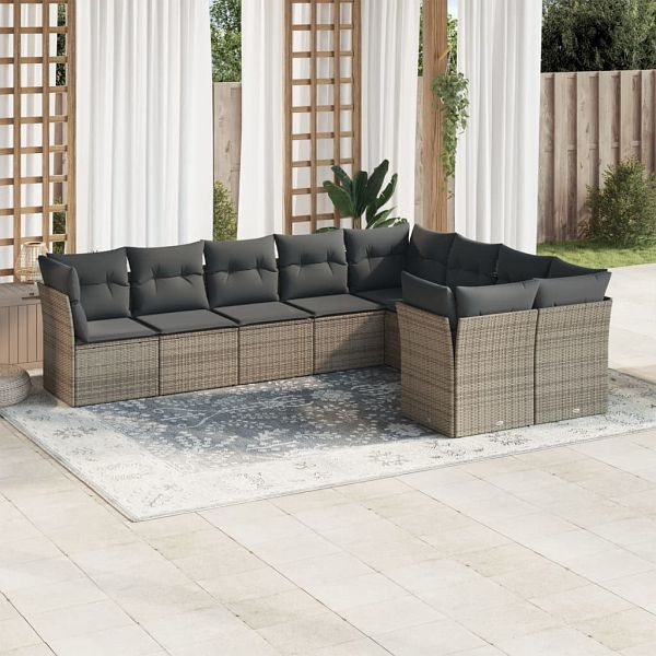 vidaXL 9-teilig Garten-Sofagarnitur mit Kissen Grau Poly Rattan, 3250009