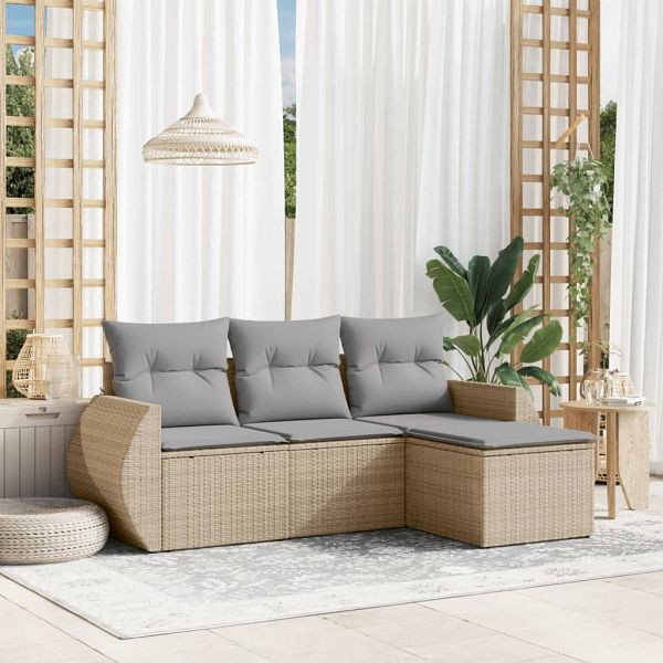 vidaXL 4-teilig Garten-Sofagarnitur mit Kissen Beige Poly Rattan, 3253606