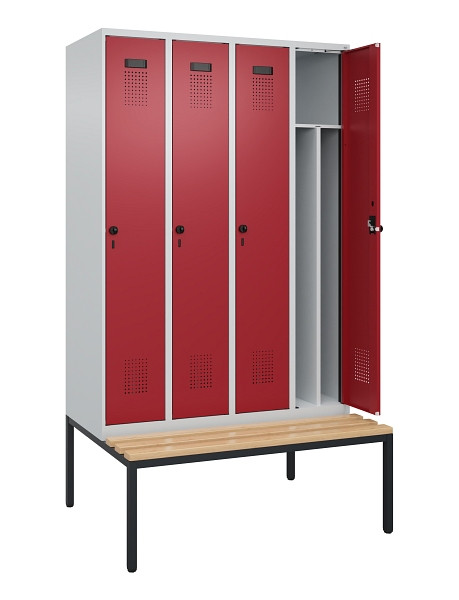 C+P Spind Evolo PLUS, 4 Abteile, 2120x1200x815mm, 7035/3003, Haken 4, Drehriegel, Sitzfläche Buche-Hartholz, Sitzbank, 0490507-40F S10004