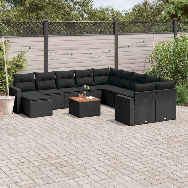 vidaXL 12-teilig Garten-Sofagarnitur mit Kissen Schwarz Poly Rattan, 3224417