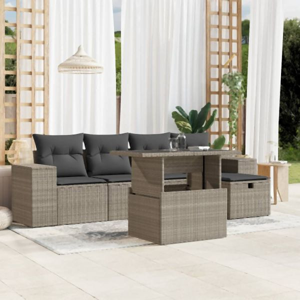 vidaXL 6-tlg. Garten-Sofagarnitur mit Kissen Hellgrau Poly Rattan, 3275292