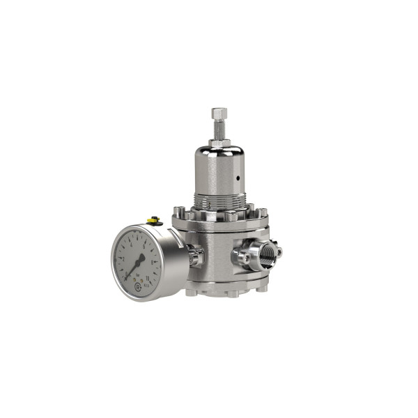 Riegler Edelstahl-Druckregler, 1.4404, mit Sekundärentlüftung (rücksteuerbar), inklusive Manometer, G 1/2, Regelbereich 0,5 - 8 bar, PE max. 50 bar, 129270