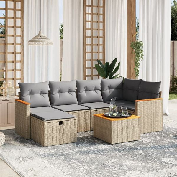 vidaXL 7-teilig Garten-Sofagarnitur mit Kissen Beige Poly Rattan, 3265308
