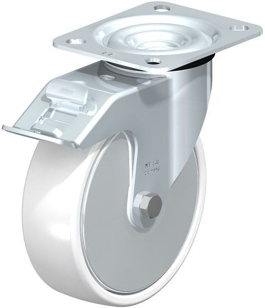 Blickle LE-PO 125K-FI-FA Stahlblech-Lenkrolle mit Anschraubplatte & Feststeller, Polyamid, Weiß, 686485