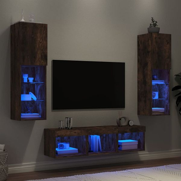 vidaXL 5-teilig Wohnwand mit LED-Beleuchtung Räuchereiche Holzwerkstoff, 3216608