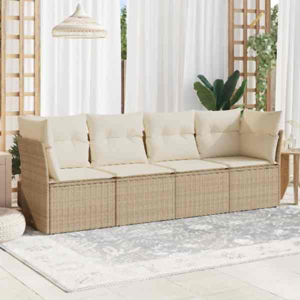 vidaXL 4-tlg. Garten-Sofagarnitur mit Kissen Beige Poly Rattan, UV-beständig, 3217228